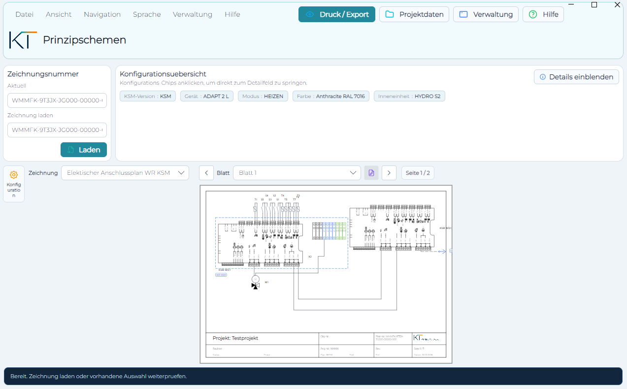 Projektansicht des von KT Software entwickelten Prinzipschemen-CAD mit elektrischem Anschlussplan