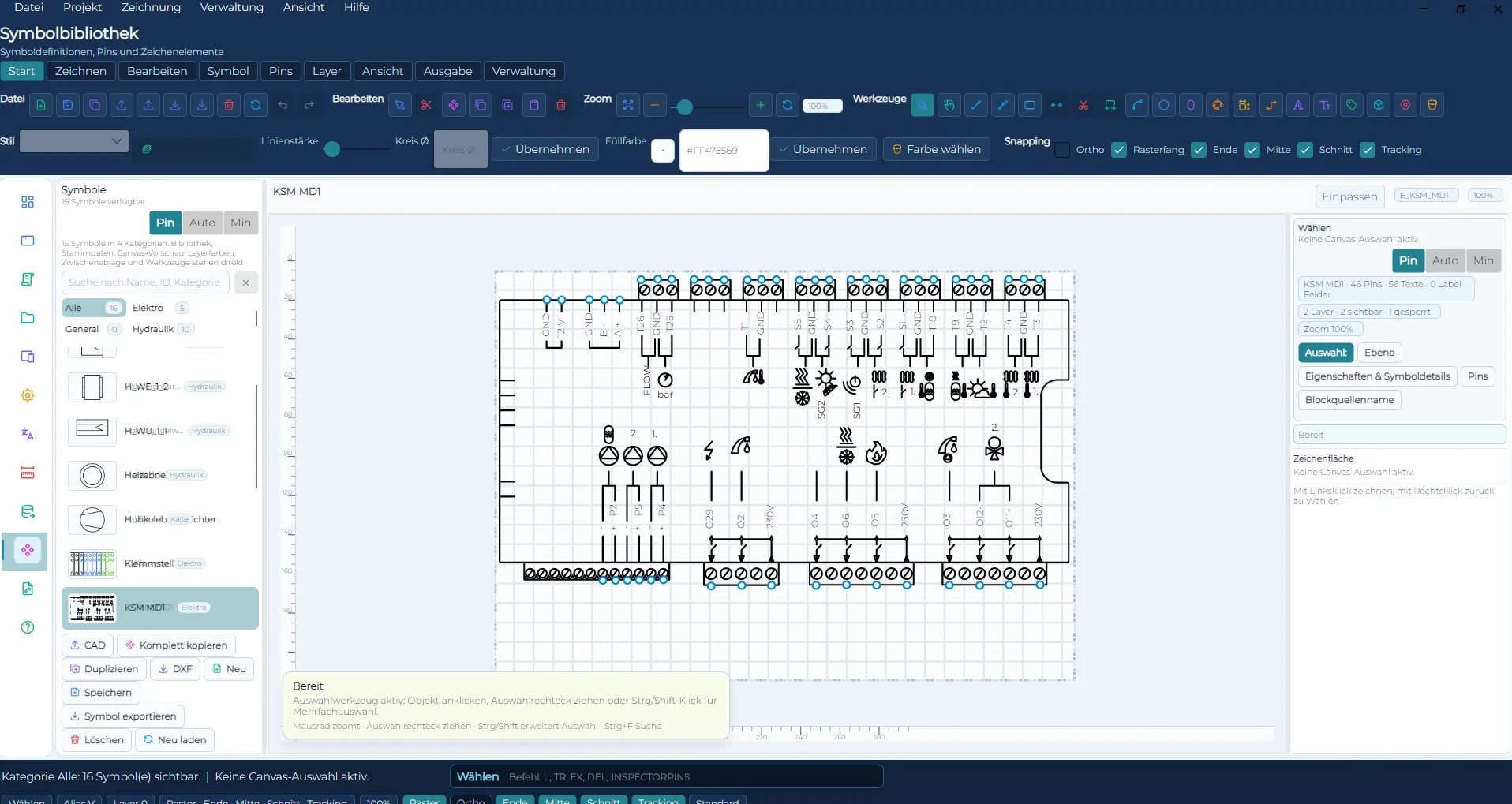 Symbolbibliothek des Schemen-CAD mit Pins, Layern und Zeichenwerkzeugen